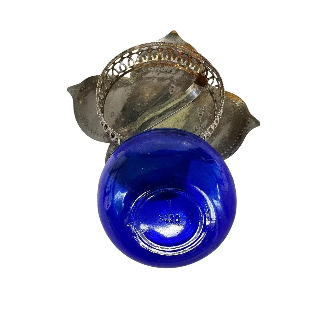 Vintage Cobalt Blue Glass Salt Cellar Insert Silver Filigree Lily Pad Holder